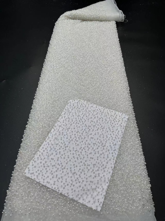 off white Heavy bead tulle lace fabric with pearls for wedding dress, ball gowns