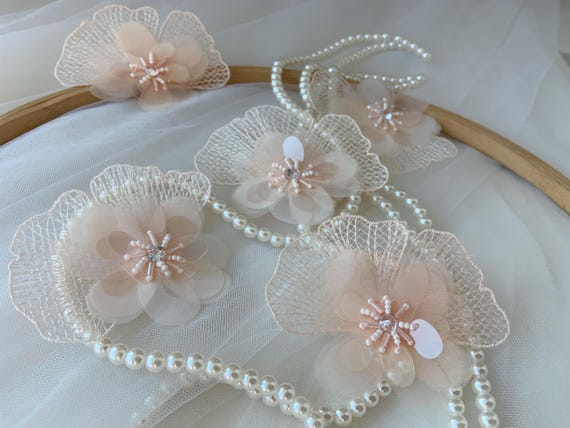 5pcs peach lace flower appliqué with sequins, 3d floral patch with beads , handcrafted florals for supplies