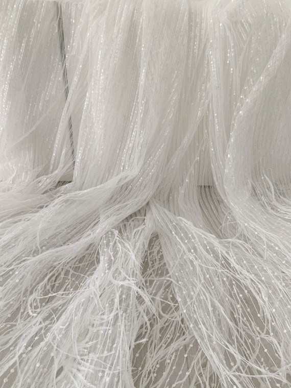 Off white sequined tulle fabric with Ostrich feather, French bead lace fabric for haute couture dress, high end lace fabric for bridal dress