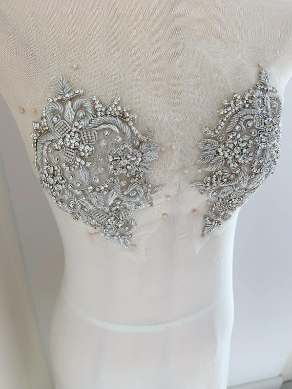 silver zardozi applique with rhinestones, zardozi rhinestone embroidery patch