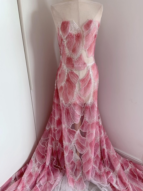 Hot pink bead floral embroidery fabric, 3D textured floral motifs tulle fabric with bead embellishments