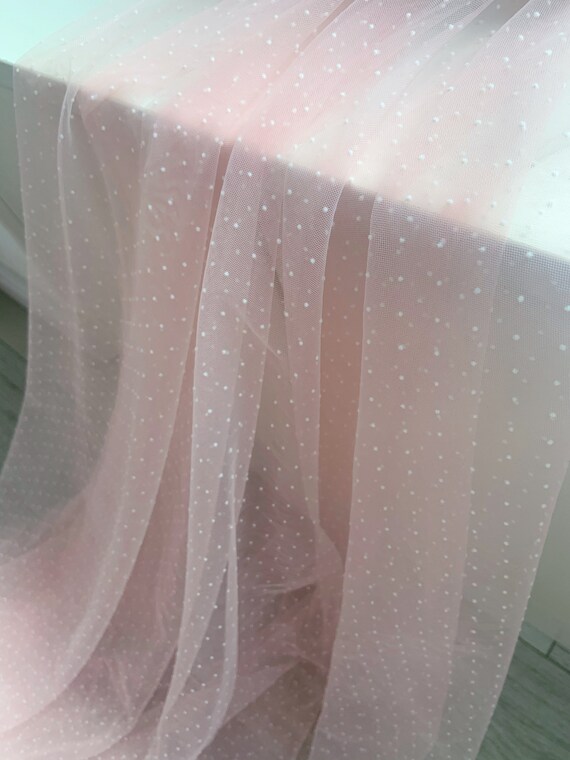 Light pink tulle fabric with tiny velvet dots, sheer tulle fabric with mini polka dots for dress, couture, prop