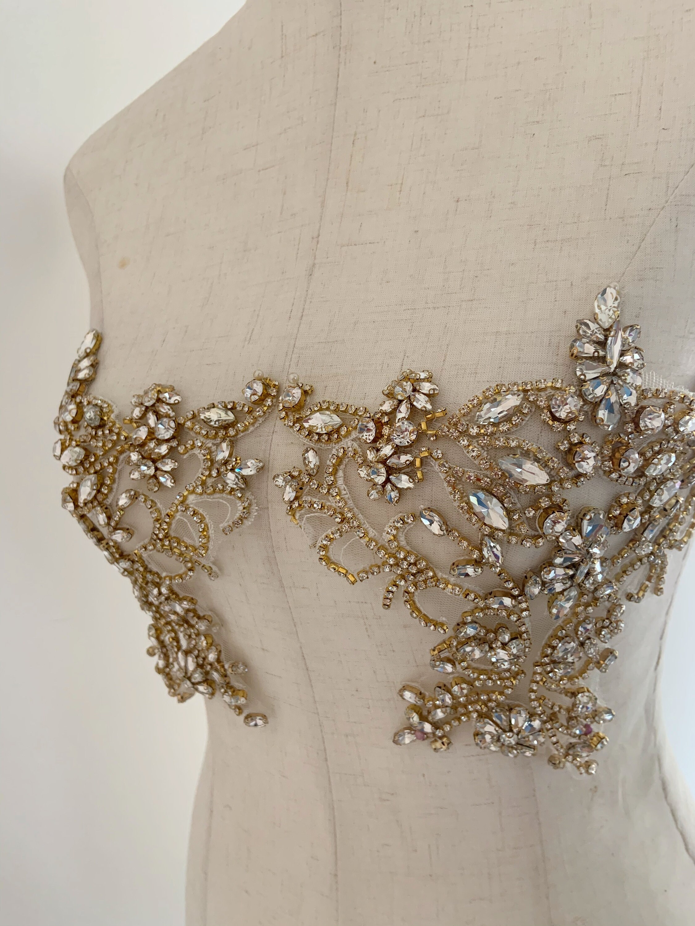 Gold Rhinestone bead applique crystal bodice patch heavy Etsy
