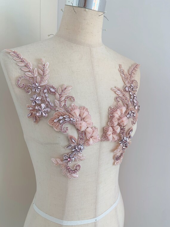 pink Rhinestone applique with 3d lily of the valley for couture and dress