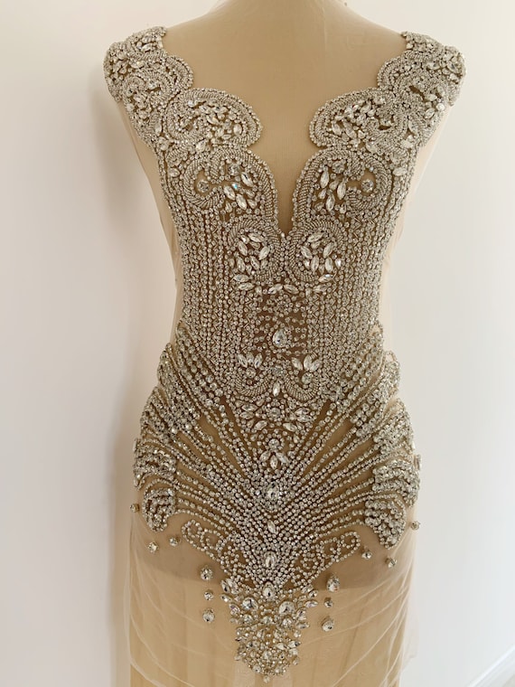 Big Rhinestone applique, rhinestone bodice applique, crystal applique patch for couture, dress, costume, evening dress
