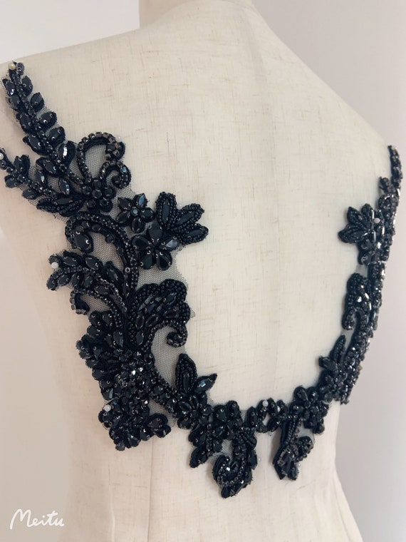 Black rhinestone applique, crystal bodice patch, heavy bead applique for couture and dance costume