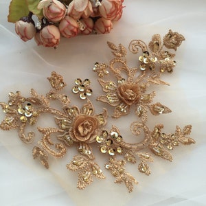 gold silk florals motif bodice, heavy bead lace applique with rhinestone, 3D bead flower motif bodice heavy embroidered flower applique