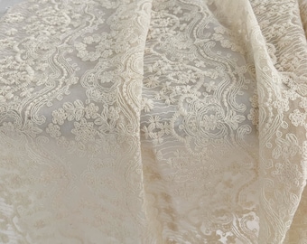 tela de encaje de tul bordado en marfil con elegantes rayas florales, tela de encaje de malla beige, tela de encaje de cortina de estilo retro