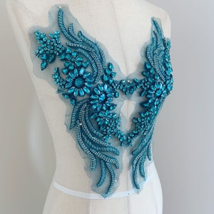 Teal blue rhinestone applique crystal bodice patch heavy bead rhinestone  applique for couture dance costume