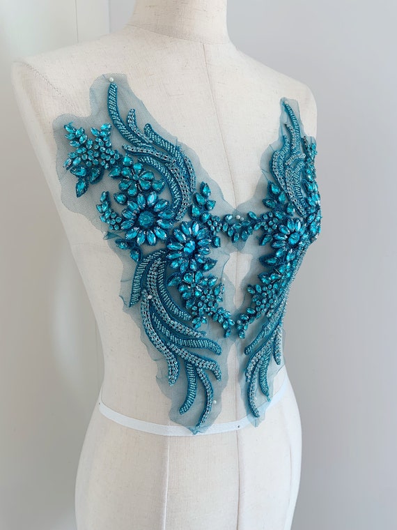Teal blue rhinestone applique crystal bodice patch heavy bead rhinestone  applique for couture dance costume