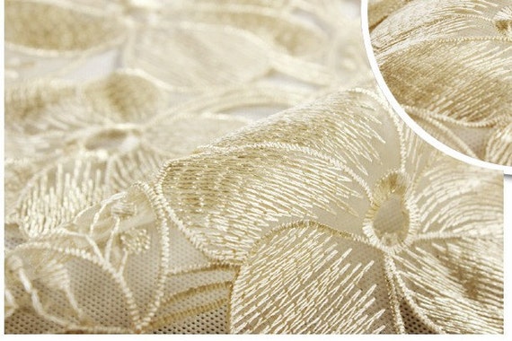 Items similar to Ivory Embroidered Organza Lace Fabric, Retro Florals ...