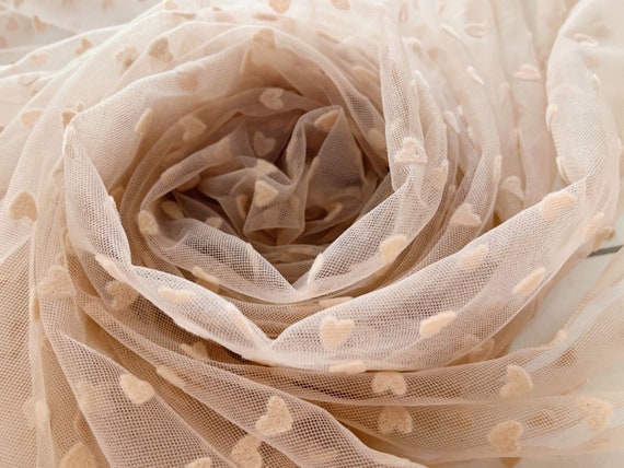 Nude tan tulle Lace fabric with velvet hearts, tulle mesh fabric with velvet dot, new arrival, hot selling