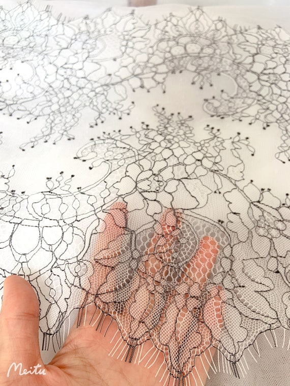 black and white chantilly lace trim, lace trimming for apparel, French lace trim, double motif lace trim with eyelash fringe