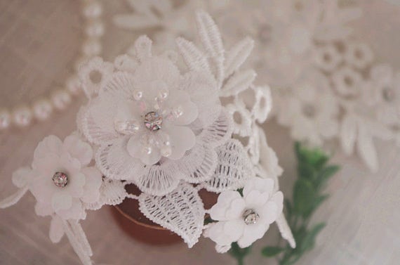 Off White 3D Beaded Lace Appliques with Roses, Bridal Headpiece Trim (2 pcs)