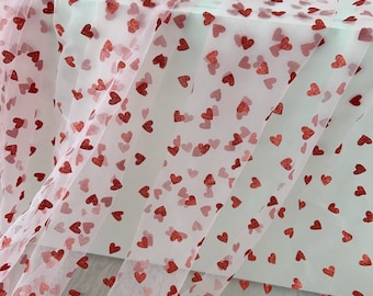 Pink tulle fabric with red hearts, tulle with sweethearts for dress, costume, sparkle tulle for dress, party decors, wedding decors