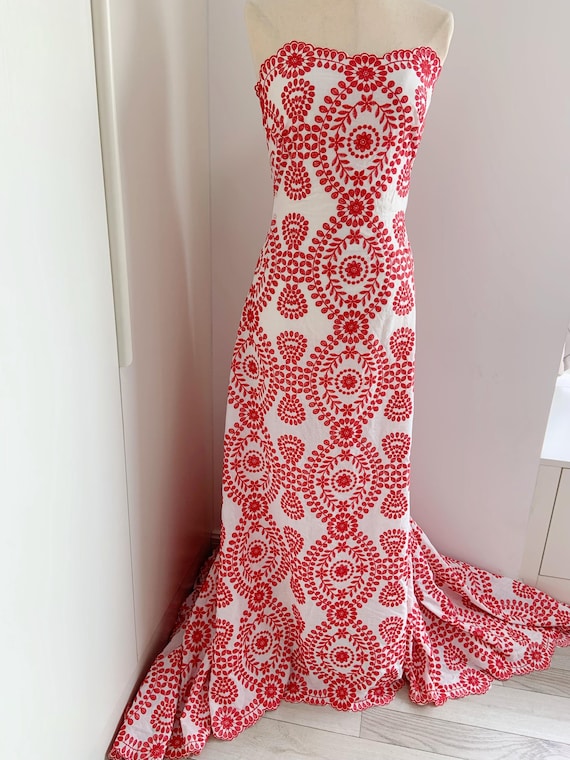 Off white cotton eyelet lace fabric with red embroideries