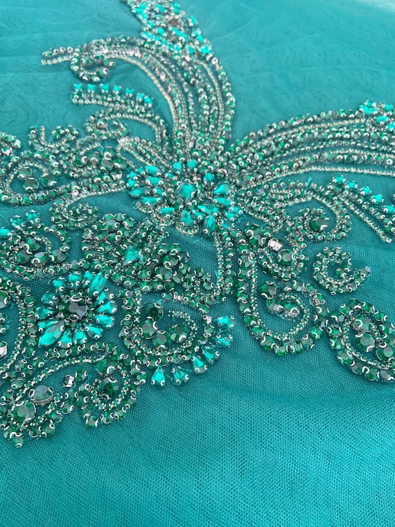 Dark emerald green Rhinestone applique, crystal applique for couture, crystal bodice applique for corset dress, costume supplies