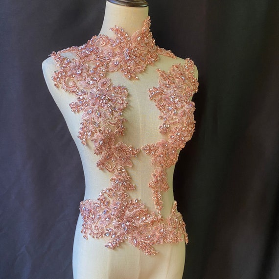Light pink rhinestone applique, crystal bodice patch, rhinestone applique for couture dance costume