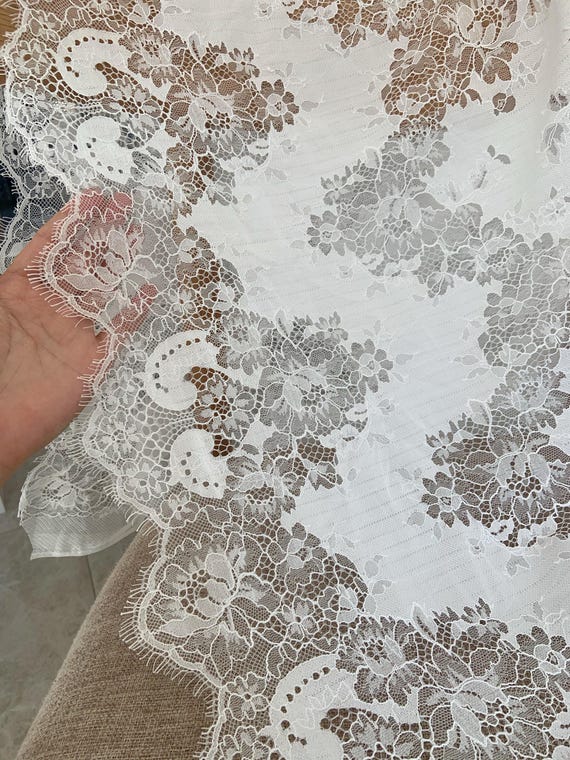 Chantilly lace fabric with chevron florals