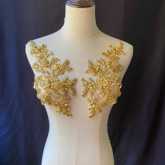 Gold Rhinestone Bead Applique, Crystal Bodice Patch, Heavy Bead Handmade  Bodice Patch for Couture 
