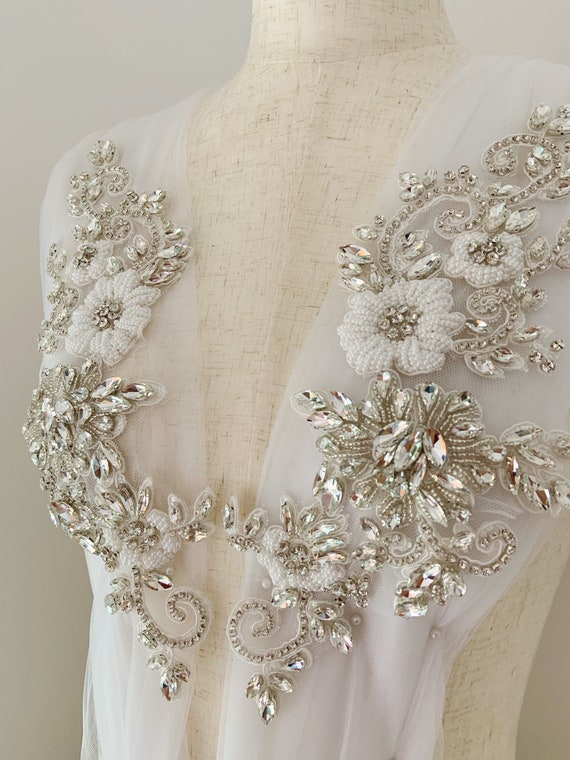 Handcrafted Rhinestone applique with white flowers for bridal,rhinestone patch for couture, dance costume, bridal dress, ball gown