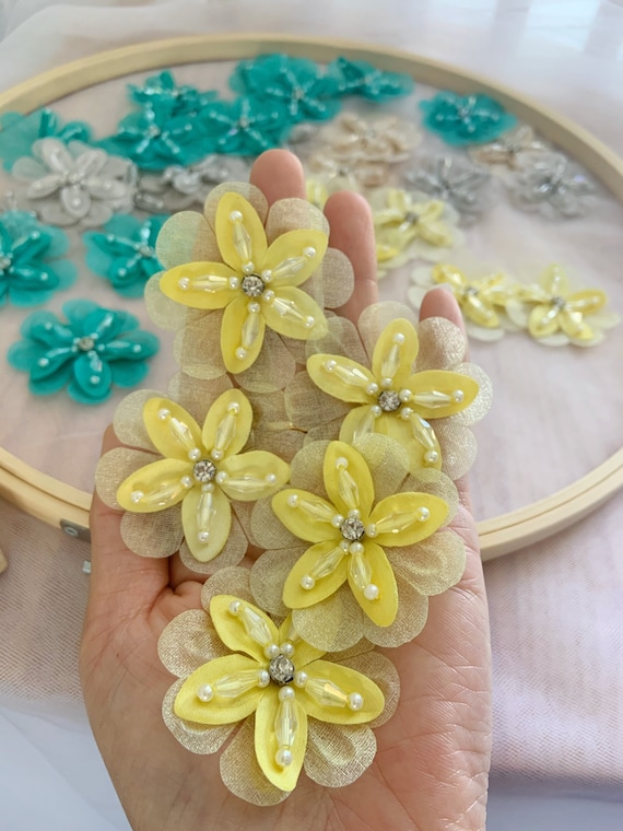 5pcs yellow 3d florals applique, bead silk flower applique with rhinestone, handcrafted flowers applique