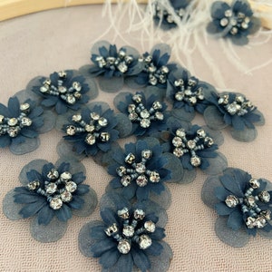 5pcs navy blue 3d flowers applique, heavy bead petals with rhinestone for couture, hand crafted bridal appliques