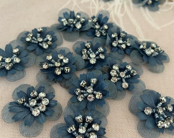 5pcs navy blue 3d flowers applique, heavy bead petals with rhinestone for couture, hand crafted bridal appliques