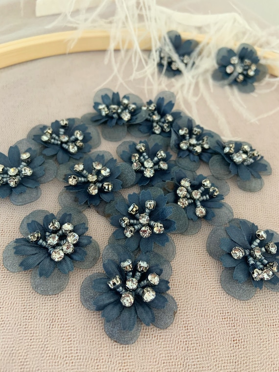 5pcs navy blue 3d flowers applique, heavy bead petals with rhinestone for couture, hand crafted bridal appliques