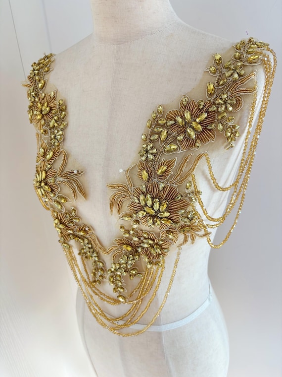 Sparkling Gold Rhinestone applique with fringe for dress, body jewelry with fringe, rhinestone embellishment patch for dress, dance costume