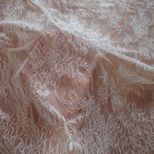 off white Chantilly lace fabric, bridal chantilly lace, retro wedding lace fabric with scalloped edge