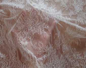 off white Chantilly lace fabric, bridal chantilly lace, retro wedding lace fabric with scalloped edge