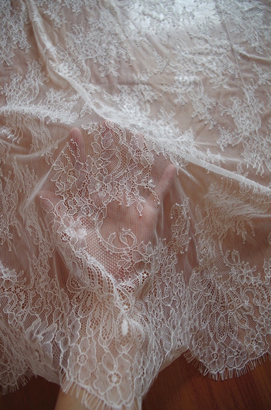 off white Chantilly lace fabric, bridal chantilly lace, retro wedding lace fabric with scalloped edge