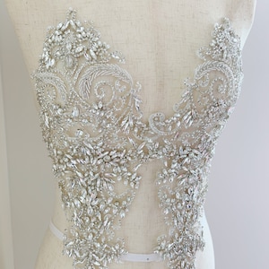 Silver Rhinestone bodice applique, rhinestone patch for bodysuit, dress, couture, dance costume, crystal corset supplies