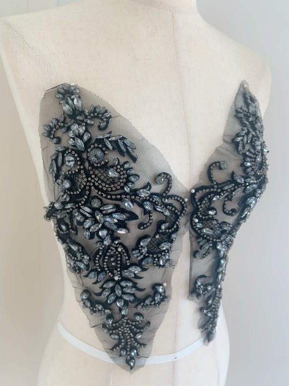 black rhinestone appliqué, sparkle crystal applique for couture, dress, dance costume