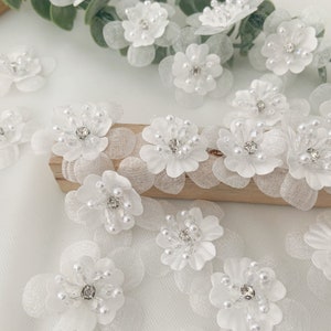 5 pcs off white handcrafted flowers applique, handmade flowers petals with rhinestone and beads