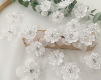 5 pcs off white handcrafted flowers applique, handmade silk flowers petals with rhinestone and beads