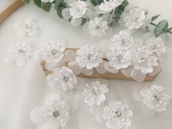 5 pcs off white handcrafted flowers applique, handmade silk flowers petals with rhinestone and beads