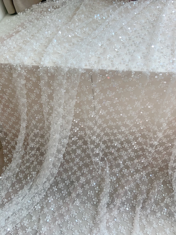 off white Bead lace fabric with 3d flowers and lattice for dress, wedding dress