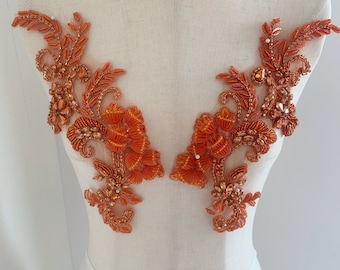 Orange grey Rhinestone applique with 3d lily flowers for dress costume