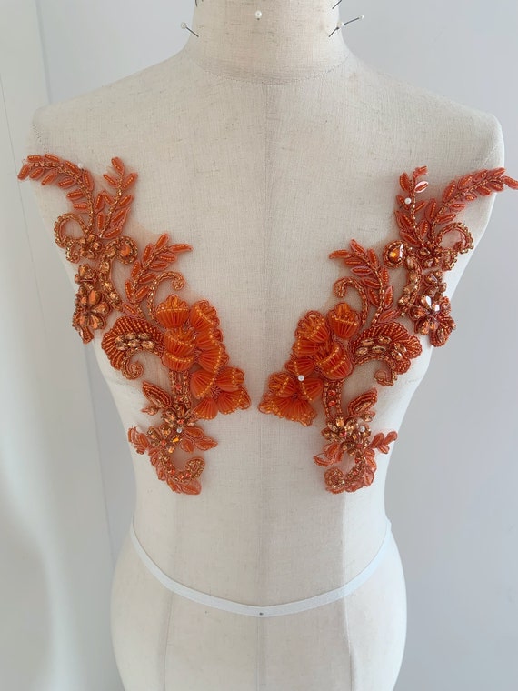 Orange grey Rhinestone applique with 3d lily flowers for dress costume