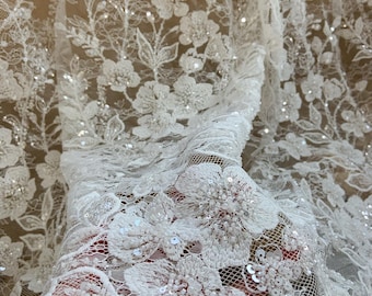 Tela de bordado con cuentas color marfil y flores, tela de encaje con cuentas gruesas y flores para vestidos de novia y vestidos nupciales.