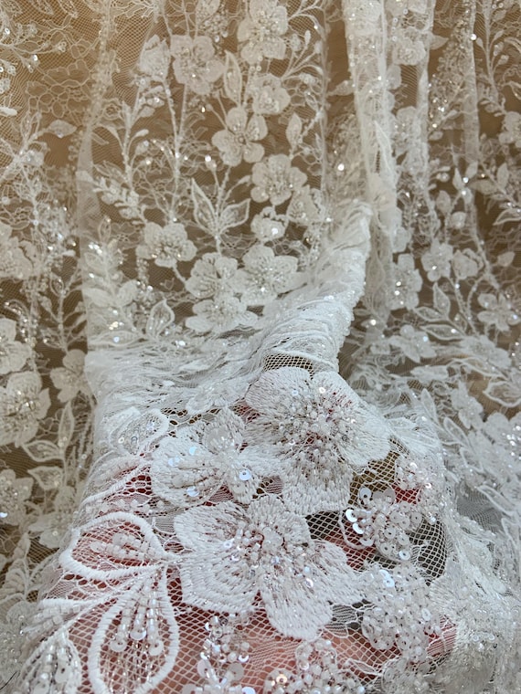 Ivory bead embroidery fabric with flowers, heavy bead lace fabric with flowers for wedding dress, bridal gowns