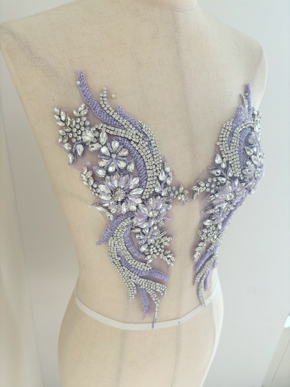 lavender purple rhinestone applique for dress, dance costume, crystal bodice patch for alteration