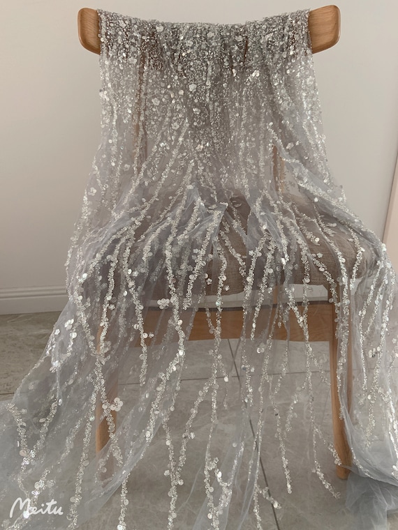 Grey beaded and sequined tulle lace fabric with florals for bridal dress, heavy bead mesh fabric for wedding gown