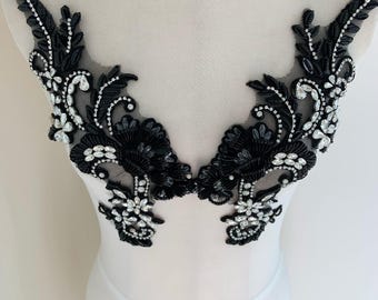 Aplique de flor bordada negra en 3D, aplique de flor enrollada con diamantes de imitación en 3D