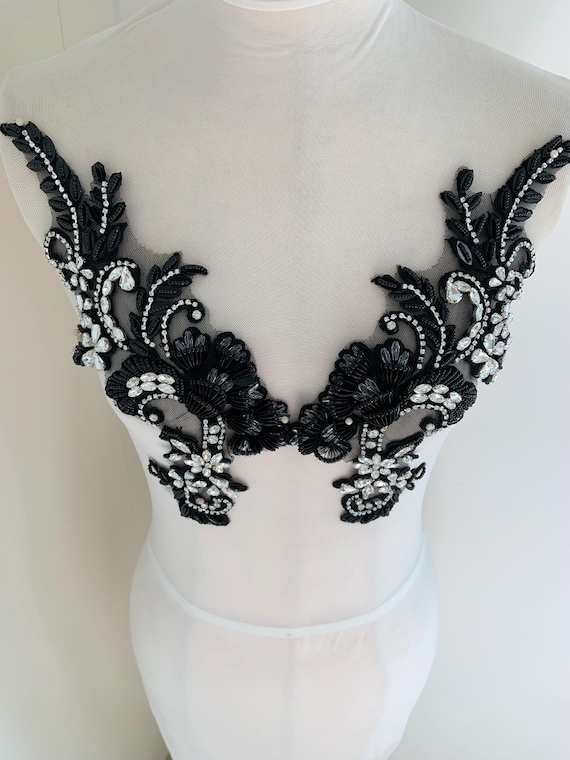 3d black embroidered flower applique, 3d coiled flower rhinestone applique