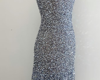 Blue bead power mesh fabric for dress, stretch heavy bead mesh fabric for gowns