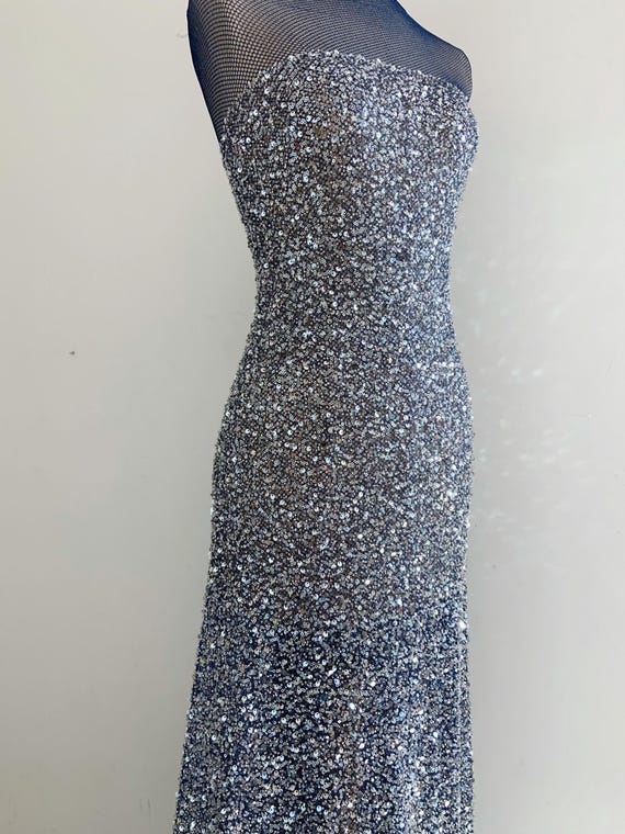 Blue bead power mesh fabric for dress, stretch heavy bead mesh fabric for gowns