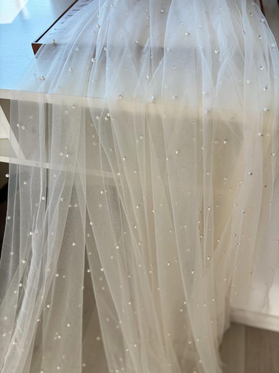 Soft cream pearl bead tulle fabric, Swiss tulle fabric with pearls, wedding birthday prop backdrop